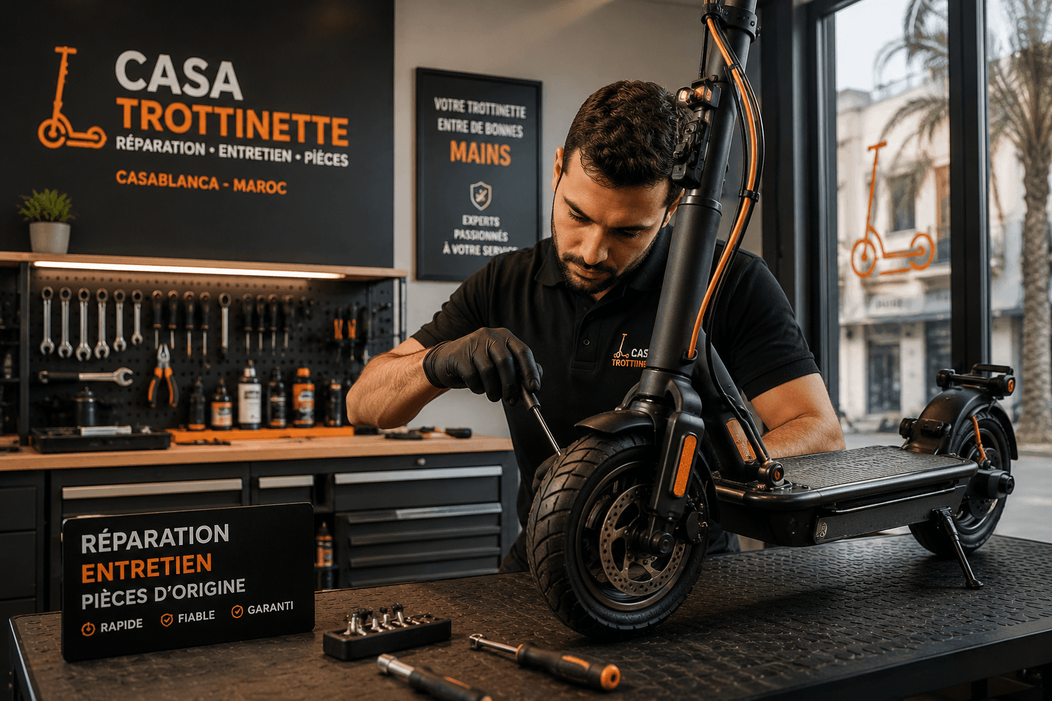 Technicien réparant une trottinette électrique dans l'atelier Casa Trottinette à Casablanca
